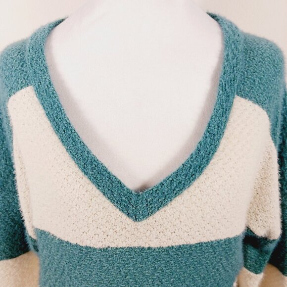 Bibi Women's MED Green & Cream Pullover Sweater Rugby Stripe Front, Relaxed Fit - Picture 5 of 14